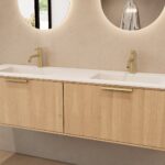 Rundes hängendes Badezimmermöbel 160 cm aus Natureiche mit Glattfront und mattweißem Solid-Surface-Doppelwaschtisch