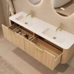 Rundes hängendes Badezimmermöbel 160 cm aus Natureiche mit Glattfront und mattweißem Solid-Surface-Doppelwaschtisch