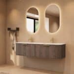 Rundes hängendes Badezimmermöbel 160 cm aus Dunkeleiche mit Glattfront und mattweißem Solid-Surface-Doppelwaschtisch