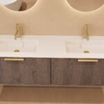 Rundes hängendes Badezimmermöbel 160 cm aus Dunkeleiche mit Glattfront und mattweißem Solid-Surface-Doppelwaschtisch
