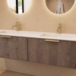 Rundes hängendes Badezimmermöbel 160 cm aus Dunkeleiche mit Glattfront und mattweißem Solid-Surface-Doppelwaschtisch