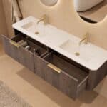 Rundes hängendes Badezimmermöbel 160 cm aus Dunkeleiche mit Glattfront und mattweißem Solid-Surface-Doppelwaschtisch