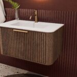 Rundes hängendes Badezimmermöbel 80 cm aus Dunkeleiche mit Riffelfront und mattweißem Solid-Surface-Waschtisch