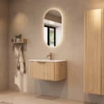 Rundes hängendes Badezimmermöbel 80 cm aus Natureiche mit Glattfront und mattweißem Solid-Surface-Waschtisch