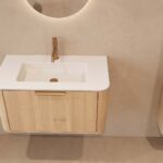 Rundes hängendes Badezimmermöbel 80 cm aus Natureiche mit Glattfront und mattweißem Solid-Surface-Waschtisch