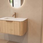 Rundes hängendes Badezimmermöbel 80 cm aus Natureiche mit Glattfront und mattweißem Solid-Surface-Waschtisch