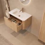Rundes hängendes Badezimmermöbel 80 cm aus Natureiche mit Glattfront und mattweißem Solid-Surface-Waschtisch