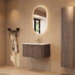 Rundes hängendes Badezimmermöbel 80 cm aus Dunkeleiche mit Glattfront und mattweißem Solid-Surface-Waschtisch