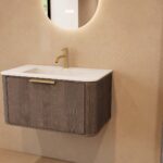 Rundes hängendes Badezimmermöbel 80 cm aus Dunkeleiche mit Glattfront und mattweißem Solid-Surface-Waschtisch