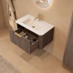 Rundes hängendes Badezimmermöbel 80 cm aus Dunkeleiche mit Glattfront und mattweißem Solid-Surface-Waschtisch