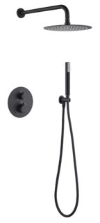 Stilvolles thermostatisches Unterputz-Duschsystem in Mattschwarz, Kopfbrause Ø25 cm und separatem Handbrausenset. Wandanschluss. Erhältlich in 6 Farben und mit 5 Jahren Garantie.