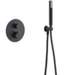 Stilvolles thermostatisches Unterputz-Duschsystem in Mattschwarz, Kopfbrause Ø25 cm und separatem Handbrausenset. Wandanschluss. Erhältlich in 6 Farben und mit 5 Jahren Garantie.