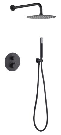 Stilvolles thermostatisches Unterputz-Duschsystem in Mattschwarz, Kopfbrause Ø25 cm und separatem Handbrausenset. Wandanschluss. Erhältlich in 6 Farben und mit 5 Jahren Garantie.