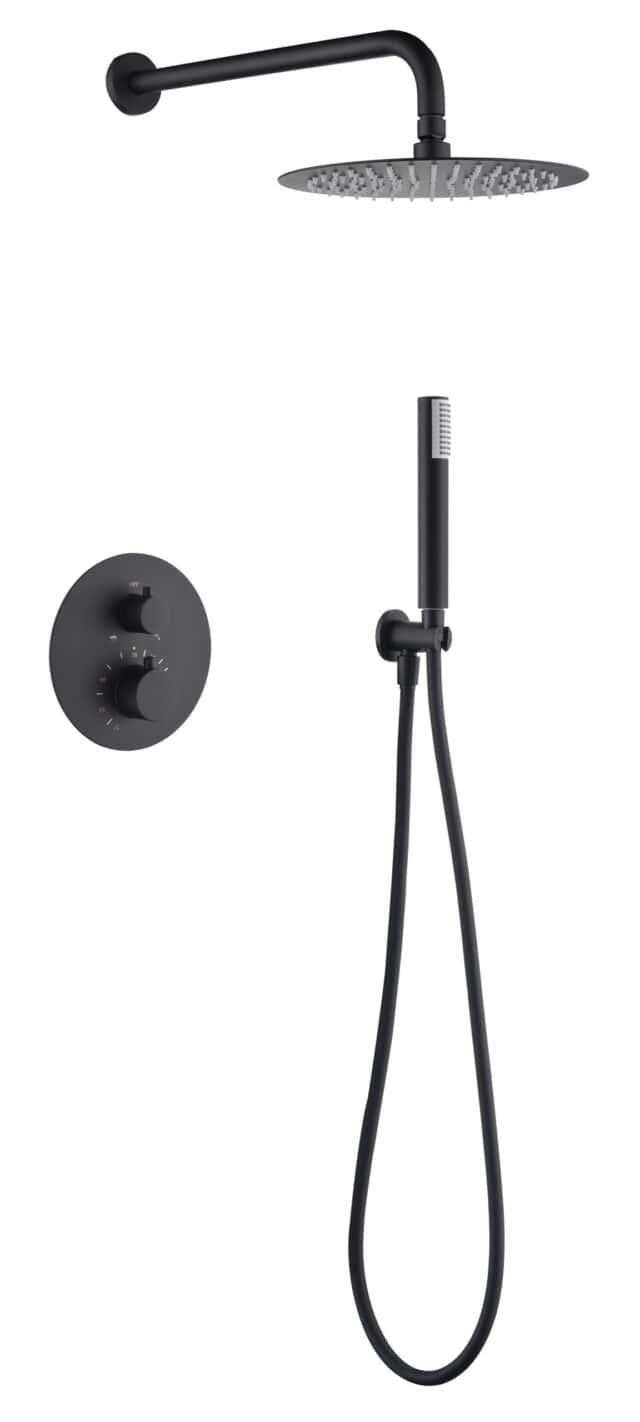 Stilvolles thermostatisches Unterputz-Duschsystem in Mattschwarz, Kopfbrause Ø25 cm und separatem Handbrausenset. Wandanschluss. Erhältlich in 6 Farben und mit 5 Jahren Garantie.