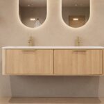 Rundes hängendes Badezimmermöbel 160 cm aus Natureiche mit Glattfront und mattweißem Solid-Surface-Doppelwaschtisch