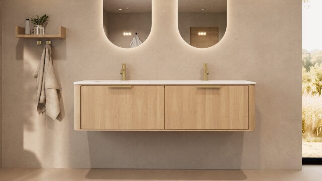 Rundes hängendes Badezimmermöbel 160 cm aus Natureiche mit Glattfront und mattweißem Solid-Surface-Doppelwaschtisch