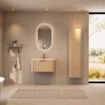 Rundes hängendes Badezimmermöbel 80 cm aus Natureiche mit Glattfront und mattweißem Solid-Surface-Waschtisch