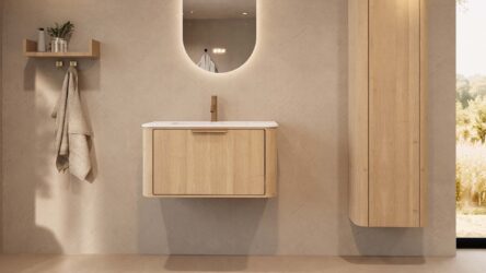 Rundes hängendes Badezimmermöbel 80 cm aus Natureiche mit Glattfront und mattweißem Solid-Surface-Waschtisch