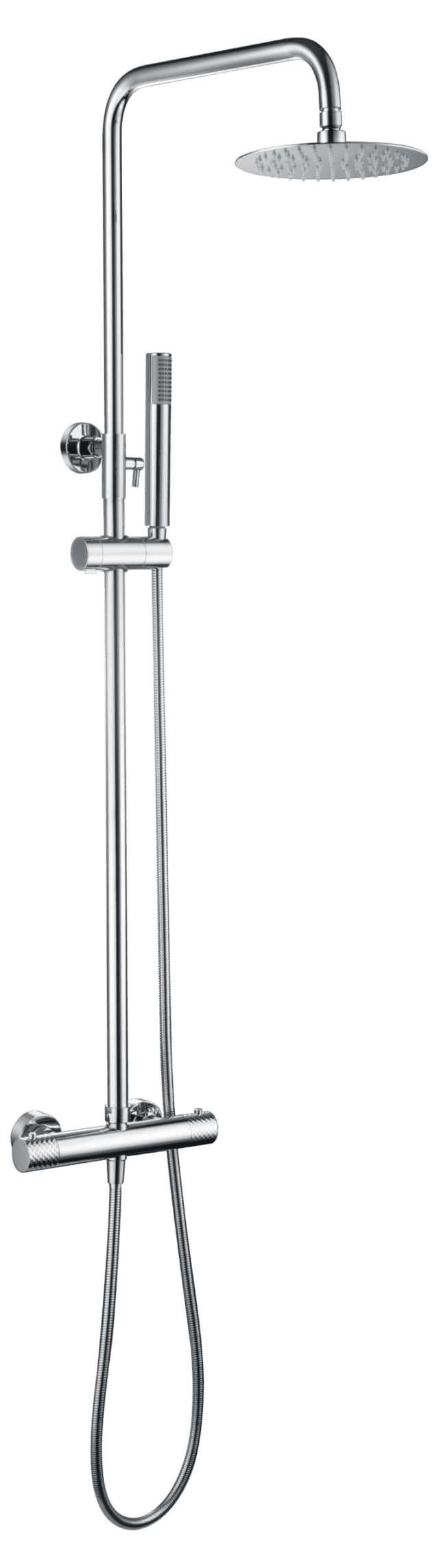 Modernes Aufputz-Duschsystem in Chrom mit thermostatischer Duscharmatur, Kopfbrause Ø20 cm und höhenverstellbarer Handbrause. Erhältlich in 5 Farben und mit 5 Jahren Garantie.