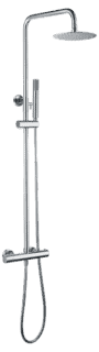 Modernes Aufputz-Duschsystem in Chrom mit thermostatischer Duscharmatur, Kopfbrause Ø20 cm und höhenverstellbarer Handbrause. Erhältlich in 5 Farben und mit 5 Jahren Garantie.