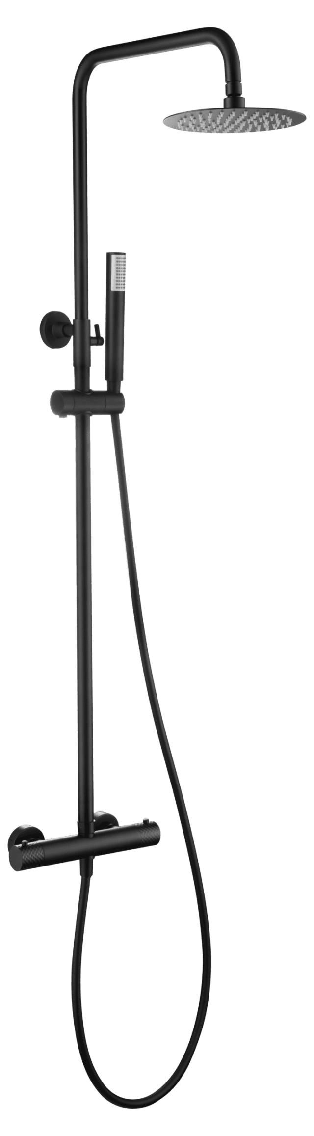 Stilvolles Aufputz-Duschsystem in Mattschwarz, thermostatischer Duscharmatur und Kopfbrause Ø20 cm. Inklusive verstellbarer Handbrause. Erhältlich in 5 Farben und mit 5 Jahren Garantie.