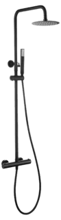 Stilvolles Aufputz-Duschsystem in Mattschwarz, thermostatischer Duscharmatur und Kopfbrause Ø20 cm. Inklusive verstellbarer Handbrause. Erhältlich in 5 Farben und mit 5 Jahren Garantie.