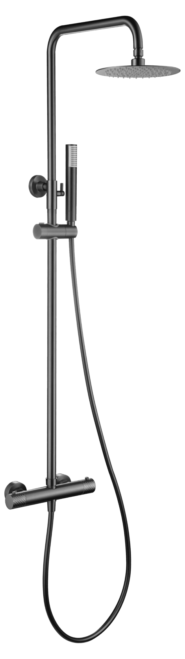 Luxuriöses Aufputz-Duschsystem in Black Gun Metal mit PVD-Beschichtung, thermostatischer Duscharmatur und Kopfbrause Ø20 cm. Inklusive verstellbarer Handbrause. Erhältlich in 5 Farben und mit 5 Jahren Garantie.