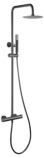 Luxuriöses Aufputz-Duschsystem in Black Gun Metal mit PVD-Beschichtung, thermostatischer Duscharmatur und Kopfbrause Ø20 cm. Inklusive verstellbarer Handbrause. Erhältlich in 5 Farben und mit 5 Jahren Garantie.