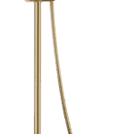 Luxuriöses Aufputz-Duschsystem in gebürstetem Gold mit PVD-Beschichtung, thermostatischer Duscharmatur und Kopfbrause Ø20 cm. Inklusive verstellbarer Handbrause. Erhältlich in 5 Farben und mit 5 Jahren Garantie.