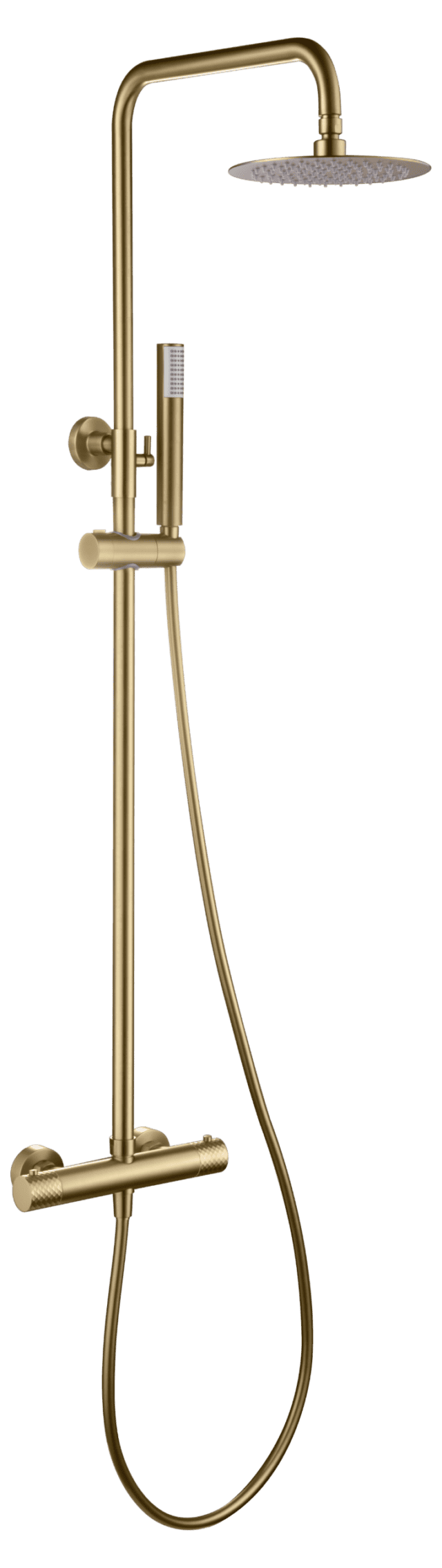 Luxuriöses Aufputz-Duschsystem in gebürstetem Gold mit PVD-Beschichtung, thermostatischer Duscharmatur und Kopfbrause Ø20 cm. Inklusive verstellbarer Handbrause. Erhältlich in 5 Farben und mit 5 Jahren Garantie.