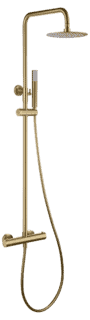 Luxuriöses Aufputz-Duschsystem in gebürstetem Gold mit PVD-Beschichtung, thermostatischer Duscharmatur und Kopfbrause Ø20 cm. Inklusive verstellbarer Handbrause. Erhältlich in 5 Farben und mit 5 Jahren Garantie.