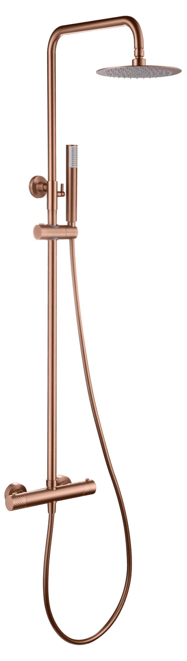 Stilvolles Aufputz-Duschsystem in gebürstetem Kupfer mit PVD-Beschichtung, thermostatischer Duscharmatur und Kopfbrause Ø20 cm. Inklusive verstellbarer Handbrause. Erhältlich in 5 Farben und mit 5 Jahren Garantie.