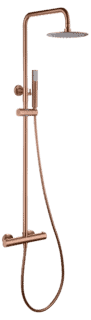 Stilvolles Aufputz-Duschsystem in gebürstetem Kupfer mit PVD-Beschichtung, thermostatischer Duscharmatur und Kopfbrause Ø20 cm. Inklusive verstellbarer Handbrause. Erhältlich in 5 Farben und mit 5 Jahren Garantie.