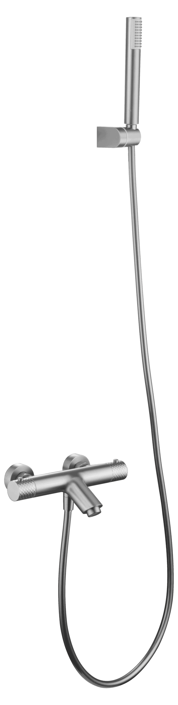 Stilvolle thermostatische Bad-/Duscharmatur in gebürstetem Nickel  Geliefert als Komplettset mit Handbrause, Brauseschlauch und Wandhalter. Erhältlich in 6 Farben.