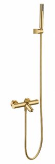 Luxuriöse thermostatische Bad-/Duscharmatur in gebürstetem Gold mit langlebiger PVD-Beschichtung. Geliefert als Komplettset mit Handbrause, Brauseschlauch und Wandhalter. Erhältlich in 5 Farben.