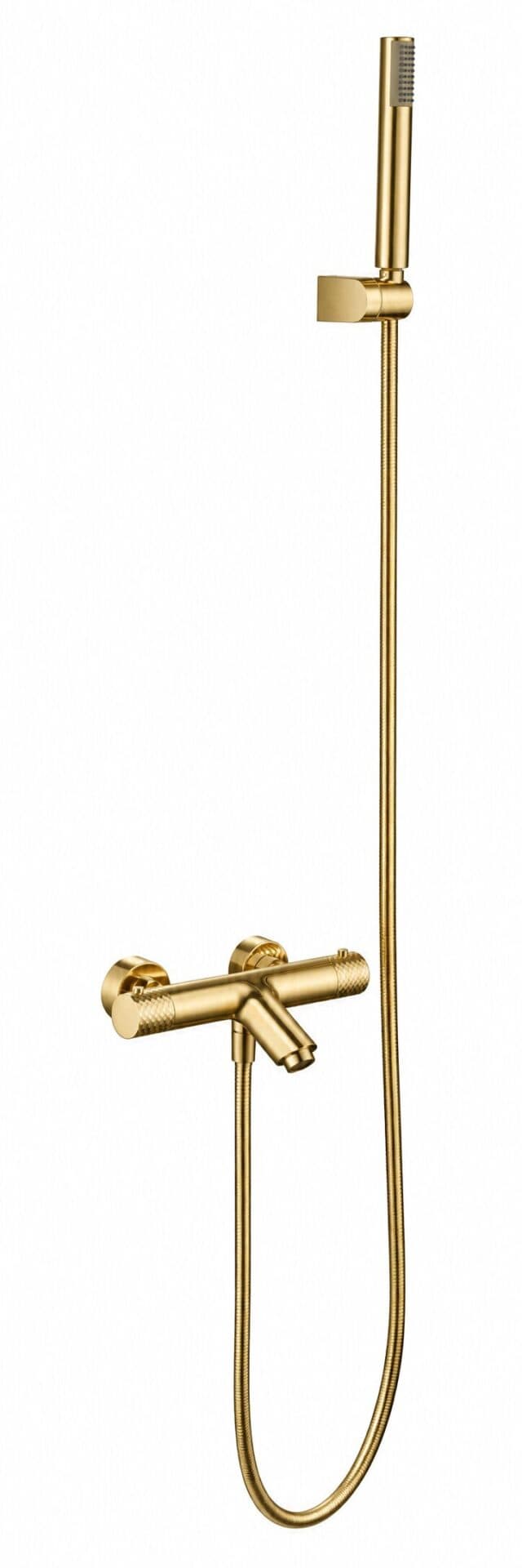 Luxuriöse thermostatische Bad-/Duscharmatur in gebürstetem Gold mit langlebiger PVD-Beschichtung. Geliefert als Komplettset mit Handbrause, Brauseschlauch und Wandhalter. Erhältlich in 5 Farben.