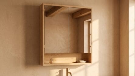 Spiegelschrank mit Regal, ausgestattet mit 2 Glasböden aus massiver Natureiche 80 cm.