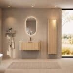 Rundes hängendes Badezimmermöbel 100 cm aus Natureiche mit Glattfront und mattweißem Solid-Surface-Waschtisch