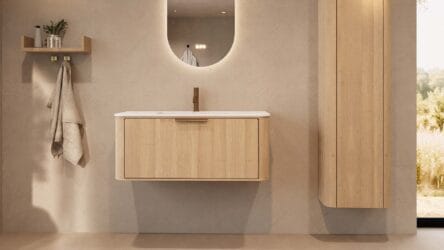 Rundes hängendes Badezimmermöbel 100 cm aus Natureiche mit Glattfront und mattweißem Solid-Surface-Waschtisch