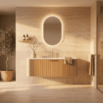Rundes hängendes Badezimmermöbel 120 cm aus Natureiche mit Riffelfront und mattweißem Solid-Surface-Waschtisch