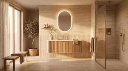 Rundes hängendes Badezimmermöbel 120 cm aus Natureiche mit Riffelfront und mattweißem Solid-Surface-Waschtisch
