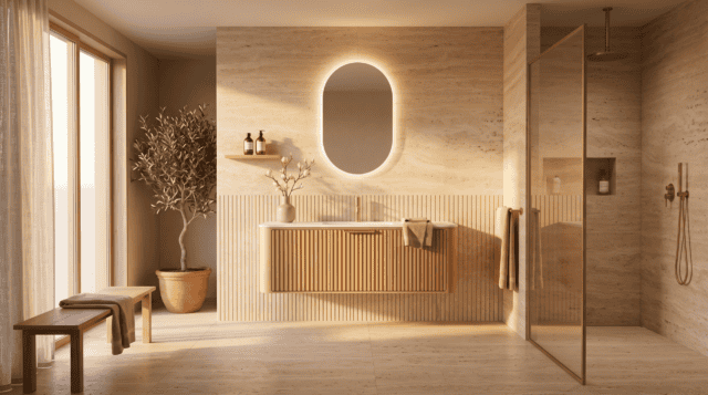 Rundes hängendes Badezimmermöbel 120 cm aus Natureiche mit Riffelfront und mattweißem Solid-Surface-Waschtisch