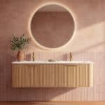 Rundes hängendes Badezimmermöbel 160 cm aus Natureiche mit Riffelfront und mattweißem Solid-Surface-Doppelwaschtisch