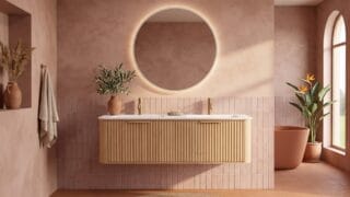 Rundes hängendes Badezimmermöbel 160 cm aus Natureiche mit Riffelfront und mattweißem Solid-Surface-Doppelwaschtisch