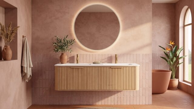 Rundes hängendes Badezimmermöbel 160 cm aus Natureiche mit Riffelfront und mattweißem Solid-Surface-Doppelwaschtisch