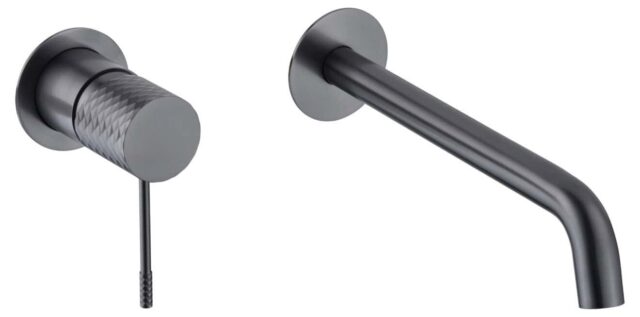 Moderne Waschtischarmatur Wandmontage in Black Gun Metal, für die Montage über Waschtisch oder Aufsatzwaschbecken. Mit langlebiger PVD-Beschichtung. Mit 5 Jahren Garantie und in 5 Farben erhältlich.