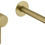 Moderne Waschtischarmatur Wandmontage in Gebürstetes Gold, für die Montage über Waschtisch oder Aufsatzwaschbecken. Mit langlebiger PVD-Beschichtung. Mit 5 Jahren Garantie und in 5 Farben erhältlich.
