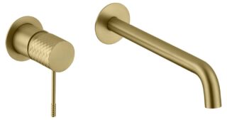 Moderne Waschtischarmatur Wandmontage in Gebürstetes Gold, für die Montage über Waschtisch oder Aufsatzwaschbecken. Mit langlebiger PVD-Beschichtung. Mit 5 Jahren Garantie und in 5 Farben erhältlich.