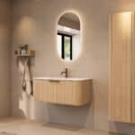 Rundes hängendes Badezimmermöbel 100 cm aus Natureiche mit Glattfront und mattweißem Solid-Surface-Waschtisch