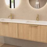 Rundes hängendes Badezimmermöbel 160 cm aus Natureiche mit Glattfront und mattweißem Solid-Surface-Doppelwaschtisch